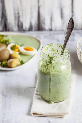 Jar of salsa verde sauce  SBDF04189