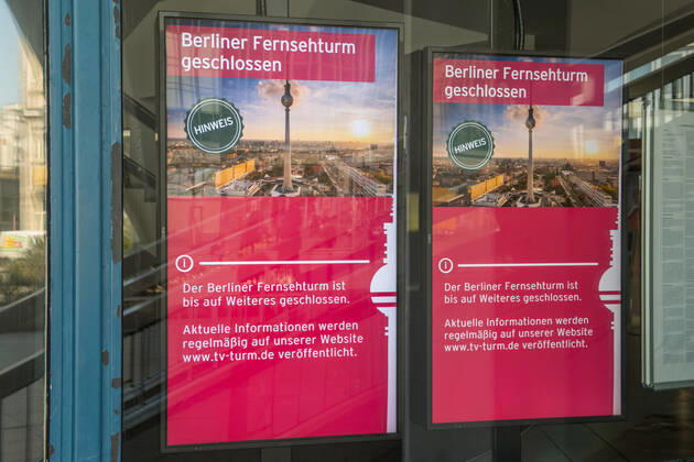 Health Corona Virus Impact Effects of the corona crisis In the picture Signs at the entrance door of the closed television tower at Berlin Alexanderplatz 17 3 2020, Berlin