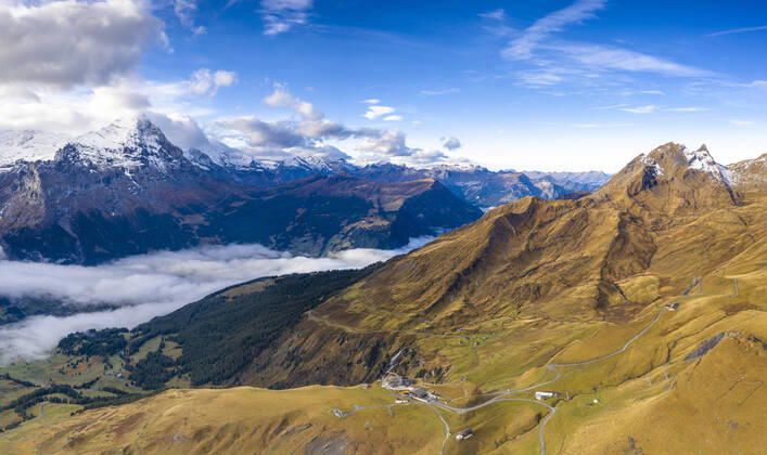 Aerial panoramic of Eiger and sea of clouds surrounding First and Grindelwald in autumn, Bernese Alps, Canton of Bern, Switzerland, Europe Copyright: RobertoxMoiola 1179-4234