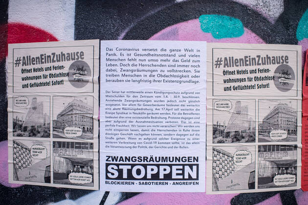Health Corona Virus Impact Effects of the Corona Crisis In the picture posters in Berlin Kreuzberg against evictions and for the opening of hotels for homeless people during the corona crisis 2 4 2020, Berlin