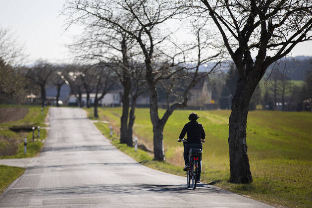 A woman riding a bicycle on a country road in Pfaffendorf, 08 04 2020 Due to the spread of the coronavirus, there are restrictions on the use of the bicycle throughout Germany Pfaffendorf Germany Copyright: xFlorianxGaertner photothek.netx