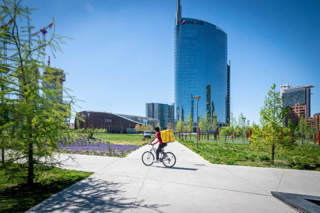 Milan - Daily life in the time of the Coronavirus. Parco Biblioteca degli Alberi, little frequented despite the sunny day. A rider (Marco Passaro Fotogramma, Milan - 2020-04-15) p.s. la foto e utilizzabile nel rispetto del contesto in cui e stata scattata, e senza intento diffamatorio del decoro delle persone rappresentate  Copyright: xMarcoxPassarox xFOTOGRAMMAx