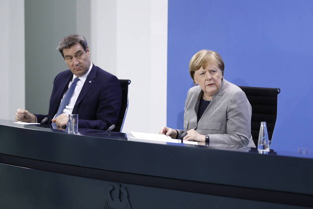 Markus Söder, Bavarian Prime Minister, Chancellor Angela Merkel, Germany, Berlin, Federal Chancellery, press conference by Chancellor Merkel following the discussion with the heads of government of the Länder in connection with the coronavirus , 15 04 2020