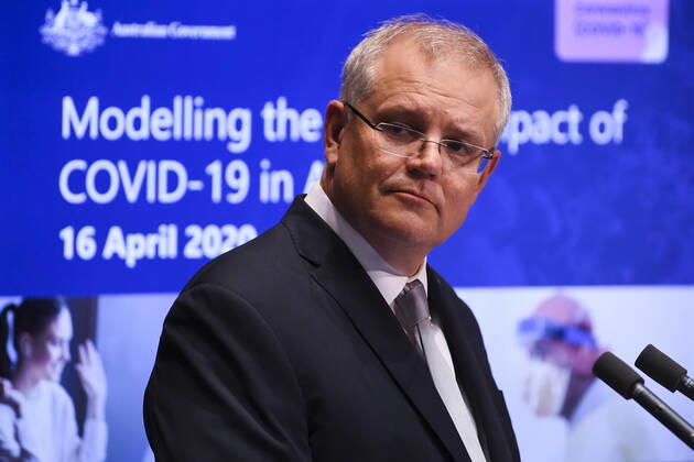 SCOTT MORRISON CORONAVIRUS UPDATE, Australian Prime Minister Scott Morrison speaks to the media during a press conference at Parliament House in Canberra, Thursday, April 16, 2020. ( NO ARCHIVING, EDITORIAL USE ONLY, NO USE IN BOOKS WITHOUT CONSENT CANBERRA ACT AUSTRALIA  Copyright: xLUKASxCOCHx 20200416001463735452