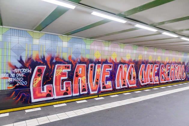 April 16, 2020: A large graffiti by the artist group 1UP with the text Leave no one behind can be seen on the wall of the underground station KurfuerstenstraoÅ¸e in Berlin. The hashtag used is recalling the debate about the politics, practices and events surrounding the European border regime and about migration movements and is often used by groups advocating humanitarian rights for refugees. - ZUMAs172 20200416_zap_s172_001 Copyright: xJanxScheunertx