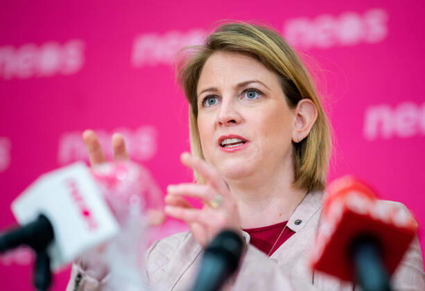 Vienna 16 04 2020, Vienna, AUT, Current developments on corona disease in Austria, press conference on the subject Open questions in the education sector, in the picture NEOS club chairwoman Beate Meinl Reisinger NEOS club chairwoman Beate Meinl Reisinger during a press conference on the subject Open questions in the education sector of Austrian Goverment about the coronavirus pandemic at the Vienna, Austria on 2020 04 16  EP_str