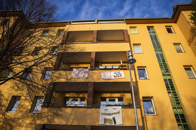 Banner with the writing We all stay and Help, we are being old in Berlin on April 17, 2020 Coronavirus in Berlin