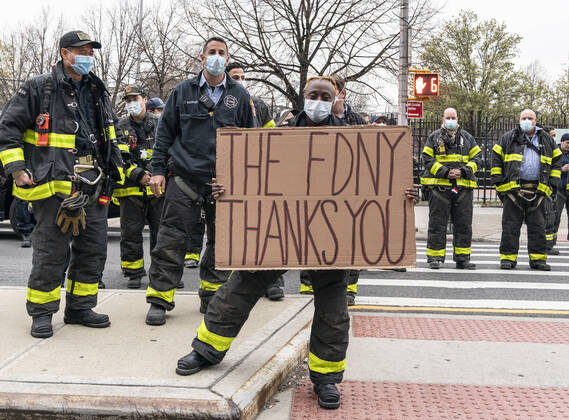 Mayor thanks medical staff at Elmhurst Hospital First responders attend New York City Mayor Bill de Blasio address of medical staff at 7pm to thank for their work during COVID-19 pandemic at Elmhurst Hospital New York New York United States Copyright: LevxRadin