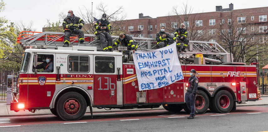 Mayor thanks medical staff at Elmhurst Hospital First responders attend New York City Mayor Bill de Blasio address of medical staff at 7pm to thank for their work during COVID-19 pandemic at Elmhurst Hospital New York New York United States Copyright: LevxRadin