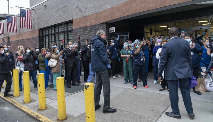 Mayor thanks medical staff at Elmhurst Hospital New York City Mayor Bill de Blasio addresses medical staff at 7pm to thank for their work during COVID-19 pandemic at Elmhurst Hospital New York New York United States Copyright: LevxRadin