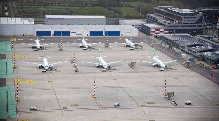 ROTTERDAM 18-04-2020, Rotterdam The Haque Airport from the air. A lot of Transavia planes parked at the platforms at Rotterdam Airport. Rotterdam The Haque Airport (RTHA)  x7847607x Copyright: