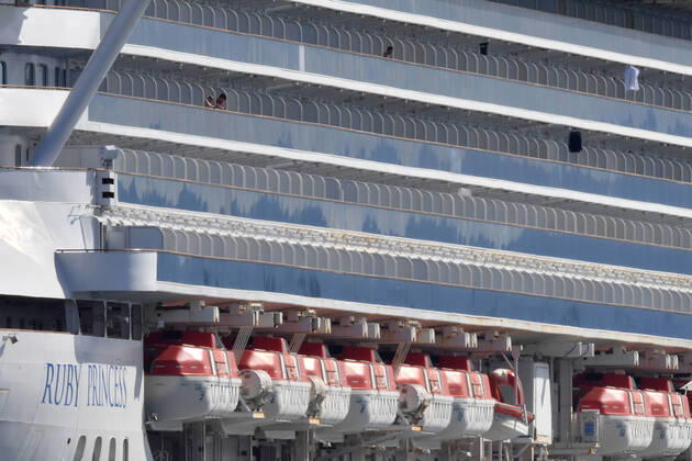 RUBY PRINCESS DEPARTURE, Crew can be seen on the Ruby Princess cruise which remains docked at Port Kembla, Wollongong, Sunday, April 19, 2020. A criminal investigation has been launched into how cruise line operator Carnival Australia was allowed to disembark Ruby Princess passengers in Sydney, resulting in several deaths and COVID-19 outbreaks throughout the country. The Ruby Princess was due to depart Port Kembla today. ( NO ARCHIVING, EDITORIAL USE ONLY, NO USE IN BOOKS WITHOUT CONSENT WOLLONGONG NSW AUSTRALIA  Copyright: xDEANxLEWINSx 20200419001464191968