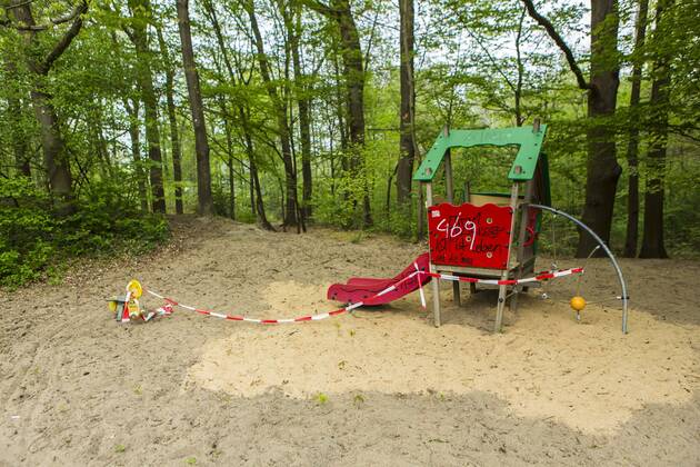 A playground in Cologne Dellbrück NRW Blocked playground due to contact ban because of the corona virus with flutterband