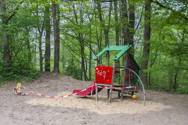 A playground in Cologne Dellbrück NRW Blocked playground due to contact ban because of the corona virus with flutterband