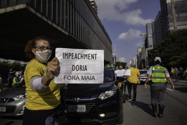 SÃO PAULO, SP - 19.04.2020: CARREATA PRÓ BOLSONARO SP - Protesters take action on Avenida Paulista, in central São Paulo, against Governor João Doria and Federal Deputy Rodrigo Maia this Sunday afternoon (19). The act continued in a motorcade through the city streets after closing both sides of the avenue. x1905703x  BrunoxRocha