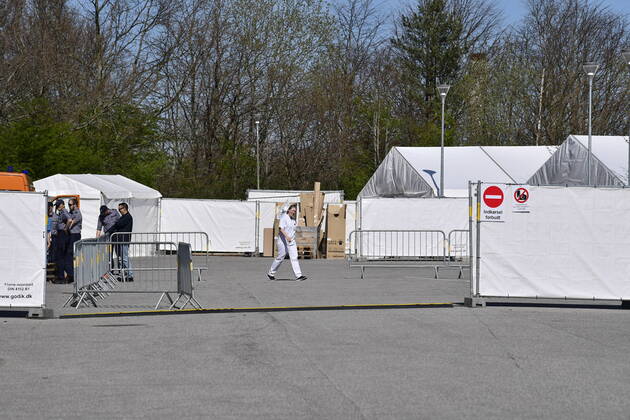 Authorities are setting up COVID 19 test centers in tents at Vejlby Risskov Hall in Aarhus, Monday April 20, 2020, Aarhus Denmark,  Copyright: BoxAmstrupx spdk20200420-145956-L