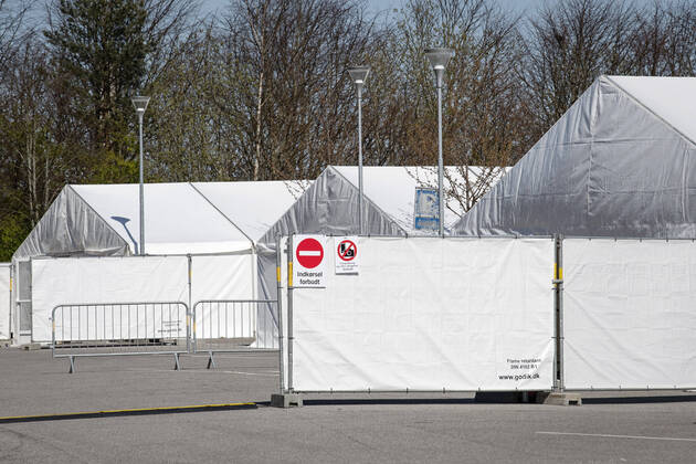 Authorities are setting up COVID 19 test centers in tents at Vejlby Risskov Hall in Aarhus, Monday April 20, 2020, Aarhus Denmark,  Copyright: BoxAmstrup BoxAmstrupx COP116 spdk20200420-154227-L