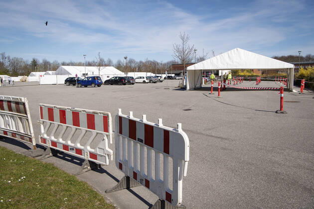 Authorities are setting up COVID 19 test centers in tents at Vejlby Risskov Hall in Aarhus, Monday April 20, 2020, Aarhus Denmark,  Copyright: BoxAmstrup BoxAmstrupx COP116 spdk20200420-154231-L