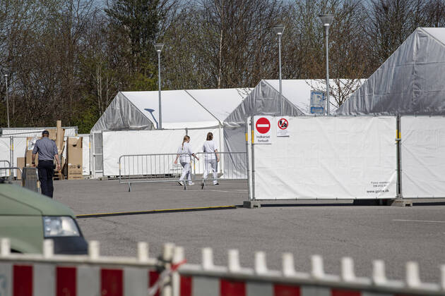 Authorities are setting up COVID 19 test centers in tents at Vejlby Risskov Hall in Aarhus, Monday April 20, 2020, Aarhus Denmark,  Copyright: BoxAmstrup BoxAmstrupx COP116 spdk20200420-154239-L