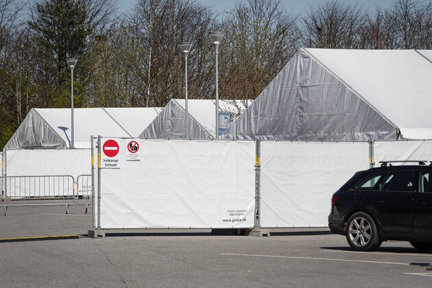 Authorities are setting up COVID 19 test centers in tents at Vejlby Risskov Hall in Aarhus, Monday April 20, 2020, Aarhus Denmark,  Copyright: BoxAmstrup BoxAmstrupx COP116 spdk20200420-154244-L