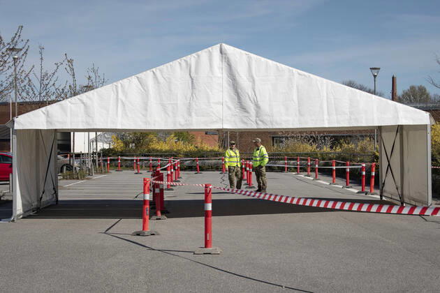 Authorities are setting up COVID 19 test centers in tents at Vejlby Risskov Hall in Aarhus, Monday April 20, 2020, Aarhus Denmark,  Copyright: BoxAmstrup BoxAmstrupx COP116 spdk20200420-154249-L