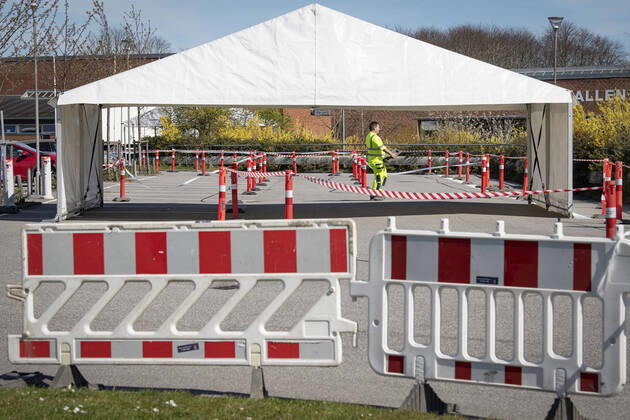 Authorities are setting up COVID 19 test centers in tents at Vejlby Risskov Hall in Aarhus, Monday April 20, 2020, Aarhus Denmark,  Copyright: BoxAmstrup BoxAmstrupx COP116 spdk20200420-154305-L
