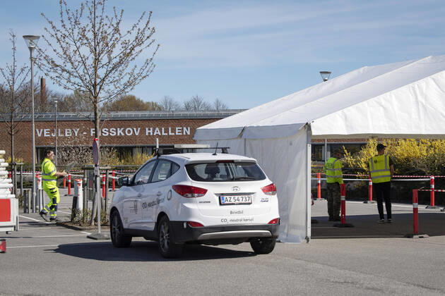 Authorities are setting up COVID 19 test centers in tents at Vejlby Risskov Hall in Aarhus, Monday April 20, 2020, Aarhus Denmark,  Copyright: BoxAmstrup BoxAmstrupx COP116 spdk20200420-154309-L