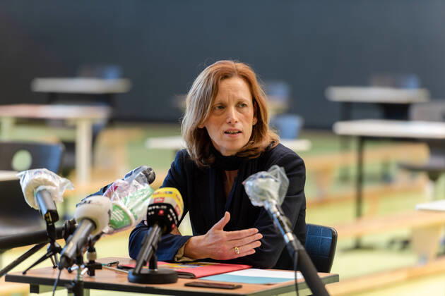 Kiel, Goethe Gemeinschaftsschule, 20 04 2020 Statement by the Minister of Education of Schleswig Holstein Karin Prien on the examination situation in Kiel schools according to the recommendations of the RKI Preparations for the ESA and MSA examinations are in full swing at the Goethe Gemeinschaftsschule.