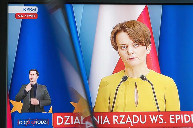 A virtual press conference of Poland s Prime Minister Mateusz Morawiecki and Ministers Jadwiga Emilewicz and Marlena Malag A virtual press conference of Poland s Prime Minister Mateusz Morawiecki and Ministers Jadwiga Emilewicz and Marlena Malag during the coronavirus outbreak on April 21, 2020 in Warsaw, Poland Jadwiga Emilewicz, the Deputy Prime Minister of Poland 