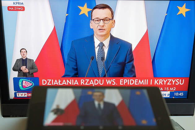 A virtual press conference of Poland s Prime Minister Mateusz Morawiecki and Ministers Jadwiga Emilewicz and Marlena Malag A virtual press conference of Poland s Prime Minister Mateusz Morawiecki and Ministers Jadwiga Emilewicz and Marlena Malag during the coronavirus outbreak on April 21, 2020 in Warsaw, Poland Poland s Prime Minister Mateusz Morawiecki 