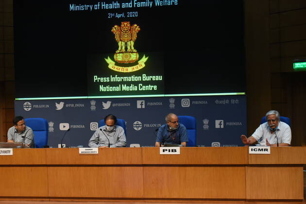 NEW DELHI, INDIA - APRIL 21: Joint secretary in the Ministry of Health & Family Welfare Lav Agarwal addresses the media on coronavirus (COVID-19) in the presence of Joint Secretary, ICMR Deputy Director Dr Raman Gangakhedkar and Chairman of 4th Empowered Group Arun Kumar Panda, at National media centre on April 21, 2020 in New Delhi, India. (Photo by Sonu Mehta Hindustan Times) Press Conference Ministry Of Health And Family Welfare On Coronavirus Covid-19 Pandemic