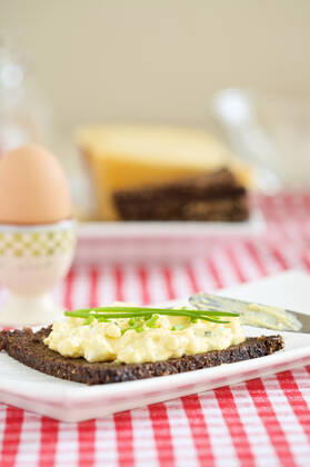 Healthy breakfast Egg-salad on whole wheat rye toast on the breakfast table  Copyright: xFotosmurfx 667823