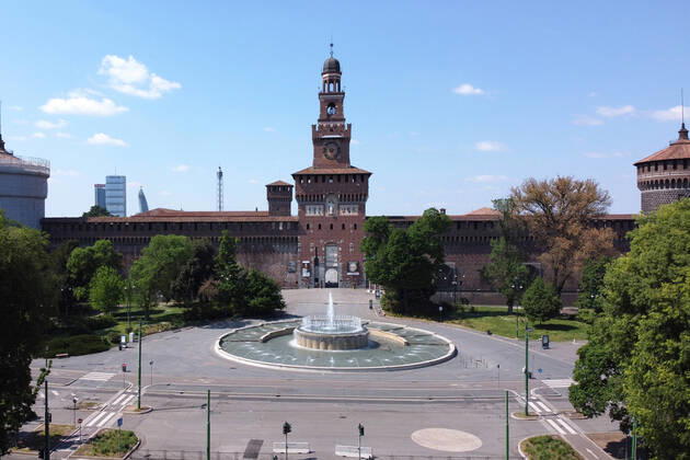 Italy, MilanTown, Milano Cittˆ, during restrictions due to the Coronavirus Covid-19, Piazza Castello Sforzesco
