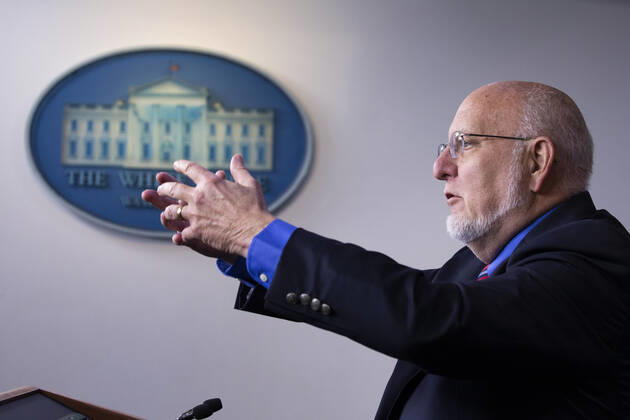 CDC Director Robert Redfield gestures while describing how a face mask helps prevent the spread of the coronavirus, during a news conference with members of the Coronavirus Task Force, on the COVID-19 pandemic in the James S. Brady Press Briefing Room of the White House in Washington, DC, on April 22, 2020.  WAX20200422913 MICHAELxREYNOLDS