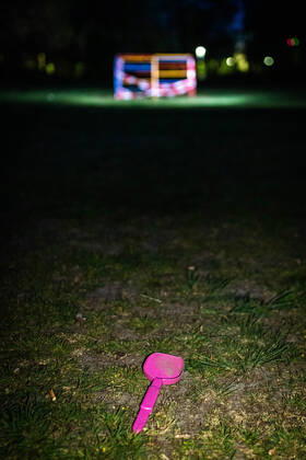 A toy shovel In the background a closed climbing frame in a residential area on 23 April 2020 in the district of Spandau in Berlin closed climbing frame