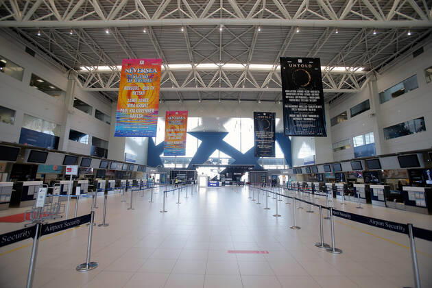 (200423) -- BUCHAREST, April 23, 2020 (Xinhua) -- Photo taken on April 23, 2020 shows the departure hall of the Henri Coanda International Airport amid COVID-19 pandemic near Bucharest, Romania. Romania has reported 386 new COVID-19 cases in the past 24 hours, bringing the total number of confirmed cases to 10,096, local authorities said on Thursday. (Photo by Cristian Cristel Xinhua) ROMANIA-BUCHAREST-COVID-19-SEASONAL WORKERS 