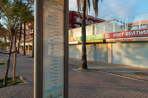 20200423 Corona Lock down in Mallorca PALMA DE MALLORCA, SPAIN APRIL 23 2020 empty street at the Playa de Palma at Corona Lock down in Mallorca on April 23, 2020 in Palma de Mallorca, Palma de Mallorca Baleares Spain