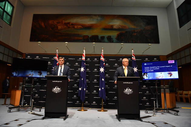 SCOTT MORRISON CORONAVIRUS UPDATE, Chief Medical Officer Professor Brendan Murphy and Prime Minister Scott Morrison give a coronavirus update at a press conference at Parliament House in Canberra, Friday, April 24, 2020. ( NO ARCHIVING, EDITORIAL USE ONLY, NO USE IN BOOKS WITHOUT CONSENT Canberra ACT AUSTRALIA  Copyright: xMICKxTSIKASx 20200424001465038435