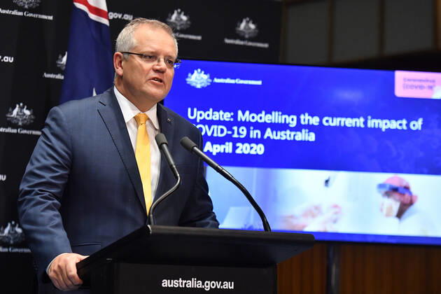 SCOTT MORRISON CORONAVIRUS UPDATE, Prime Minister Scott Morrison gives a coronavirus update at a press conference at Parliament House in Canberra, Friday, April 24, 2020. ( NO ARCHIVING, EDITORIAL USE ONLY, NO USE IN BOOKS WITHOUT CONSENT Canberra ACT AUSTRALIA  Copyright: xMICKxTSIKASx 20200424001465039056