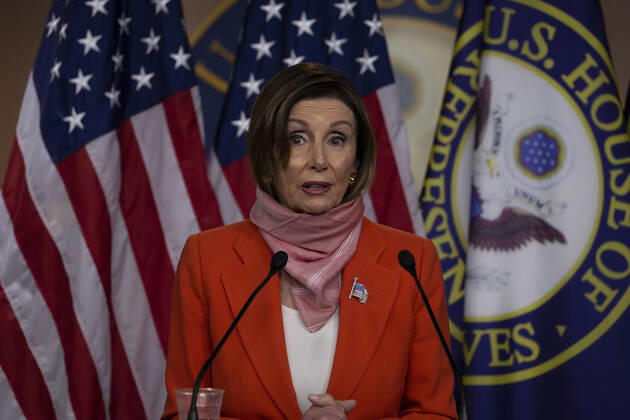 Speaker of the House Nancy Pelosi, D-Calif., speaks during her weekly press conference at U.S Capital in Washington, D.C. on Friday, April 24 2020, Congress delivered a nearly $500 billion infusion of coronavirus spending Thursday, rushing new relief to employers and hospitals buckling under the strain of a pandemic that has claimed almost 50,000 American lives and one in six U.S. jobs.  WAP20200424005 TASOSxKATOPODIS