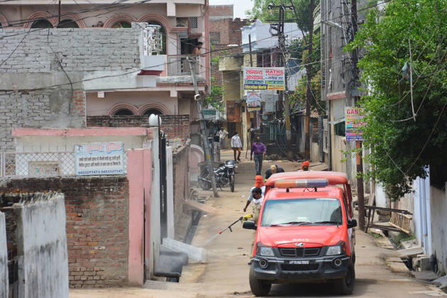 April 25, 2020, Prayagraj, Uttar Pradesh, India: Prayagraj: Police sanitise hotspot area Telierganj during a government-imposed nationwide lockdown as a preventive measure against the COVID-19 coronavirus, in Allahabad on April 24, 2020. Prayagraj India - ZUMAv115 20200425_zap_v115_031 Copyright: xPrabhatxKumarxVermax