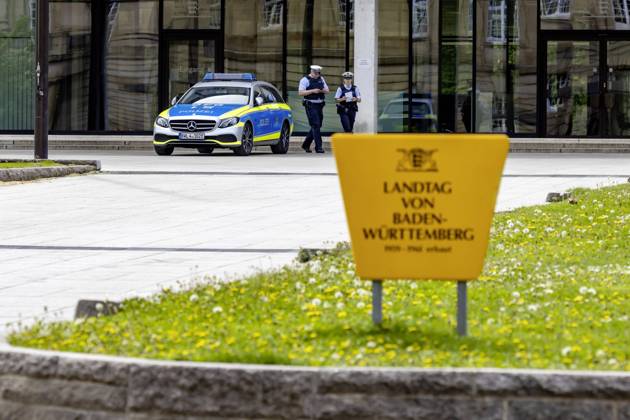 DEU, Germany, Baden Württemberg, Stuttgart, 24 04 2020 Electric vehicle of the police Baden Württemberg Hybrid Mercedes E Class in front of the state parliament building