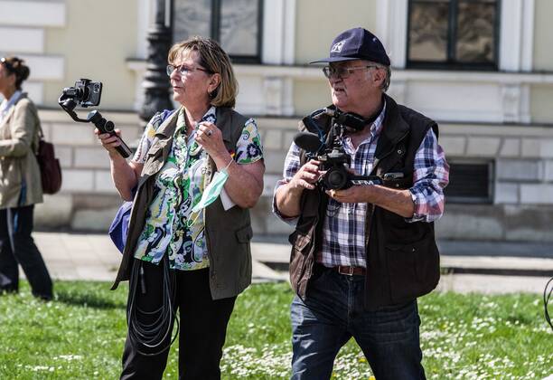 April 25, 2020, Munich, Bavaria, Germany: The Verfassungsschutz-monitored Birgit Weissmann, formerly of Pegida Munich, who made an appearance at a QAnon-like demos with far right filmer Georg Hoehenleiter. Organized in Telegram chats by conspiratorial â€oeQuerfront†(cross-front) groups, the city of Munich, Germany saw numerous QAnon-like, â€oeCorona Parties†as under mottos such as â€oeDemonstration fuer die Erhaltung der Grundrechte†(Demonstration for the Upholding of Basic Rights) and â€oeFuer unsere Freiheit, unsere Grundrechte und unsere Selbstbestimmung†(Demonstration for our Freedom, Basic Rights, and Self-Determination). Numerous right-extremists, Verfassungsschutz-monitored figures, QAnon fans, and AfD politicians were in attendance. The groups are of the belief that the anti-Coronavirus me - ZUMAb160 20200425_zbp_b160_019 Copyright: xSachellexBabbarx