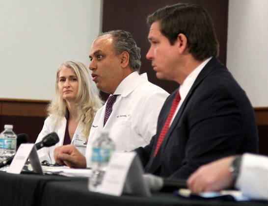 April 25, 2020, Weston, FL, USA: Florida Gov. Ron De Santis, right, looks on as Dr. Wael Barsoum, MD, CEO & President Cleveland Clinic Florida, speaks during a news conference regarding COVID-19 at the Florida Cleveland Clinic in Weston, Fla., on Saturday, April 25, 2020. Weston USA - ZUMAm67_ 20200425_zaf_m67_004 Copyright: xPedroxPortalx