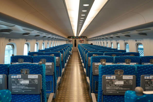 April 26, 2020, Kyoto, Japan - The majority of seats are seen empty in a bullet train car bound for Tokyo from Kyoto Station where it is usually busy with local travelers and tourists from overseas as Japan remains in a state of emergency over the current coronavirus pandemic.  (xjrb_kyotojapanstateofemergency_008)