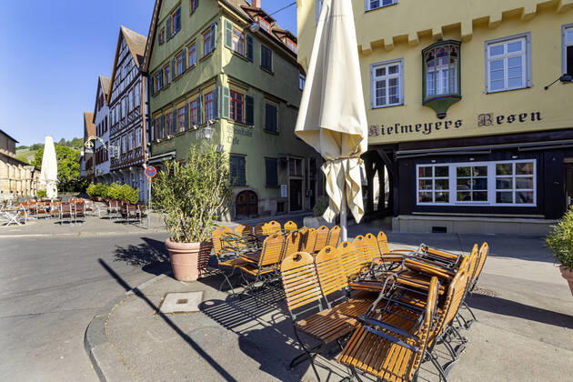 DEU, Germany, Baden Württemberg, Esslingen, 26 04 2020 City view Esslingen am Neckar Due to the corona crisis street cafes and beer gardens are closed