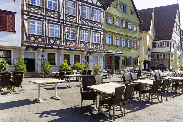 DEU, Germany, Baden Württemberg, Esslingen, 26 04 2020 City view Esslingen am Neckar Due to the corona crisis street cafes and beer gardens are closed