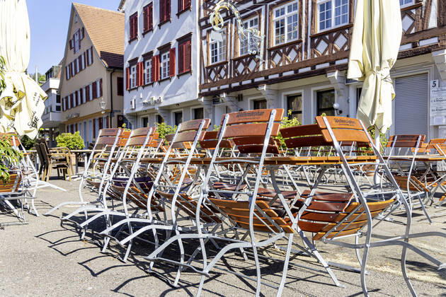 DEU, Germany, Baden Württemberg, Esslingen, 26 04 2020 City view Esslingen am Neckar Due to the corona crisis street cafes and beer gardens are closed