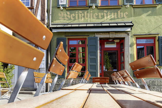DEU, Germany, Baden Württemberg, Esslingen, 26 04 2020 City view Esslingen am Neckar Due to the corona crisis street cafes and beer gardens are closed