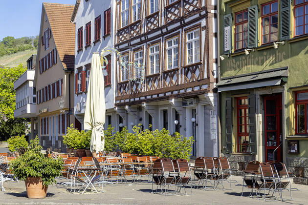 DEU, Germany, Baden Württemberg, Esslingen, 26 04 2020 City view Esslingen am Neckar Due to the corona crisis street cafes and beer gardens are closed